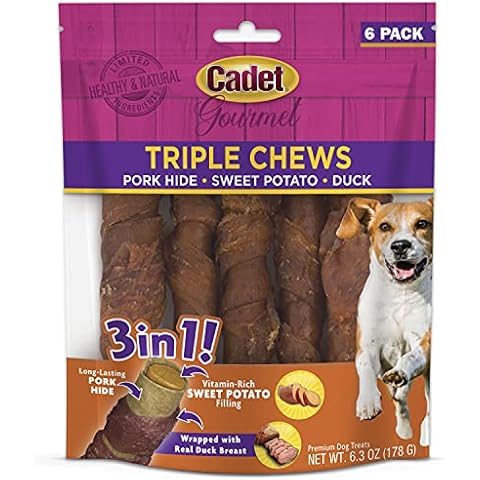 Cadet Gourmet Triple Chews Pork Hide, Sweet Potato, & Duck Dog Treats - Healthy Dog Treats for Small & Large Dogs - Inspected & Tested in USA (6 Count) Cover