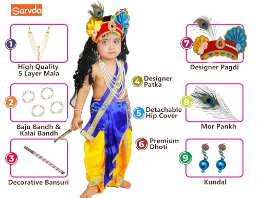 Image of Sarvda Shree Krishna Dress for Baby Boy & Radha Dress for Girls | Janamashtami Dress | Fancy Dress Costume with Accessories Dhoti, Dupatta, Mukut Flute Complete set, Ethnic wear