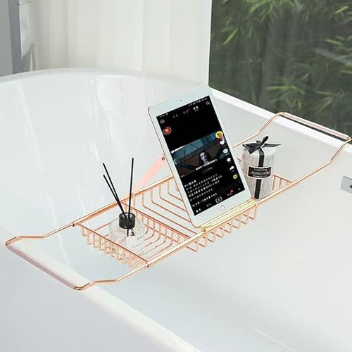 バスタブラック バスタブトレー お風呂 机 バスタブトレー カビない ステンレストレー 折りたたみバニティミラーを含む読書ラックホルダー付き (ピンクゴールド+本棚)