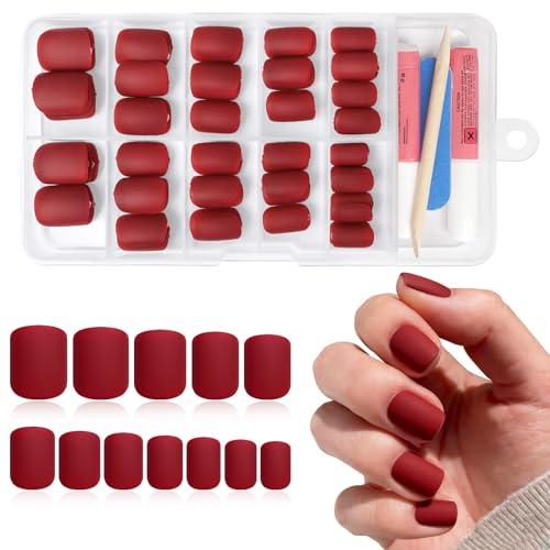 Bellelfin Red Matte Fake Nails Short Square,120 Pcs Christmas Press on...