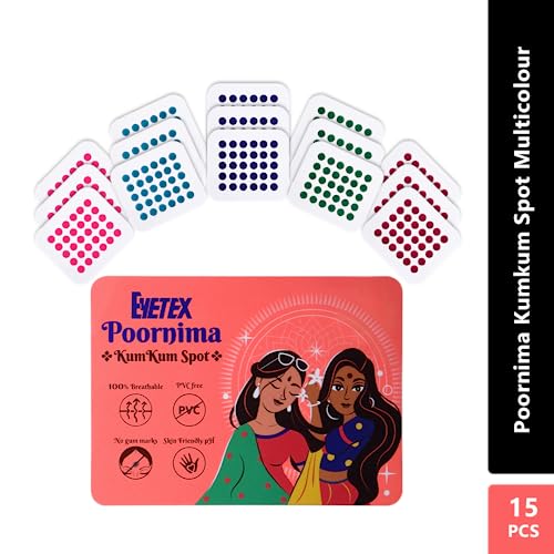 Eyetex Poornima Kumkum Spot Multicolour (P5-05 mm, Set 1) Pack of 15 flaps, Skin-friendly, soft non-woven fabric - Image 2