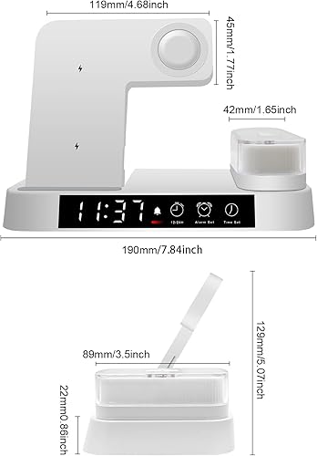 Miniatura 5 de Cargador inalámbrico, estación de carga inalámbrica 4 en 1 con reloj despertador digital, luz nocturna, cargador rápido de 20 W para AirPods Watch