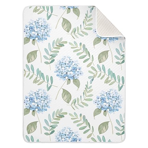 Image of Swaddle Blanket for Blue Floral Hydrangeas with Leaves Baby Receiving Blanket Muslin Baby Swaddles Soft Cotton Breathable Nursery Blankets for Unisex Boys and Girls 30x40 Inch