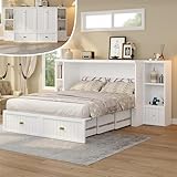 AMERLIFE Queen Size Murphy Bed with Bedside Tables, Foldable Cabinet with 3 Storage Drawers & Charging Station, Farmhouse Hideaway Bed for Bedroom/Office/Guest Room, White