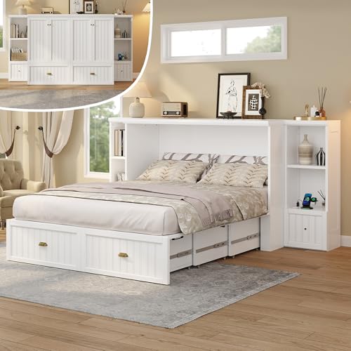 AMERLIFE Queen Size Murphy Bed with Bedside Tables, Foldable Cabinet with 3 Storage Drawers &...