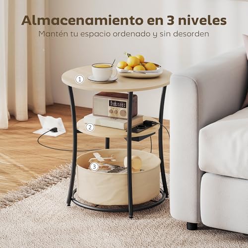 HOMCOM Mesa Auxiliar Redonda de 3 Niveles con Estación de Carga, Mesita Auxiliar Industrial con 2 Estantes Abiertos, Bolsa de Almacenaje, para Salón, Dormitorio, Librería, Ø50x55,1 cm, Madera Natural - imagen 5