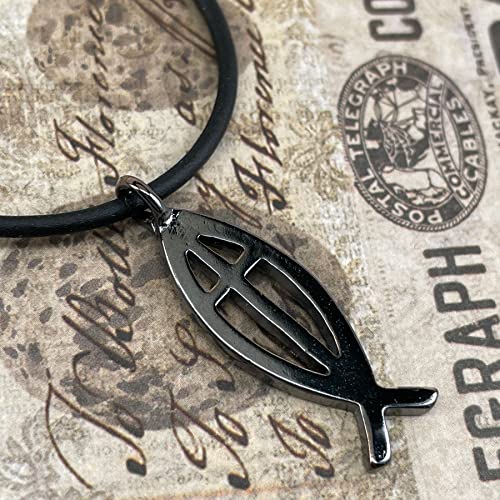 FORGIVEN JEWELRY Jesus Fish Large Ichthus Cross Dark Metal Finish Pendant Black Cord Necklace2