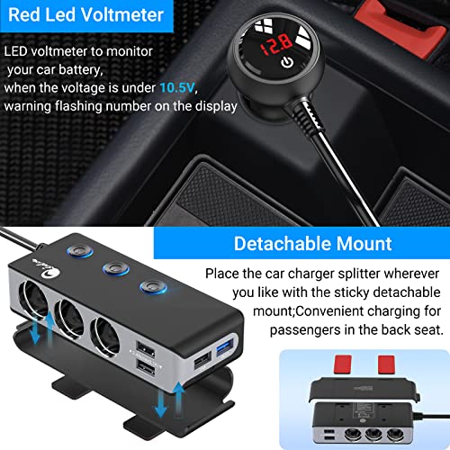 Quick Charge 3.0 Cigarette Lighter Splitter, Qidoe 3 Socket 180W Cigarette Lighter Adapter With 4 Usb Fast Charging, Dc 12V/24V Cigarette Outlet Led Voltmeter Independent Button For All Car Devices #TOP4