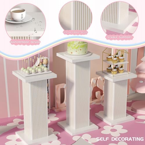 Pedestal Stands for Party with Fluted Panel 3Pcs White Square Pedestal Display Plinth Pillars for Parties Wood Cake Stand Dessert Table for Wedding Birthday Event Decor (White) - Image 4