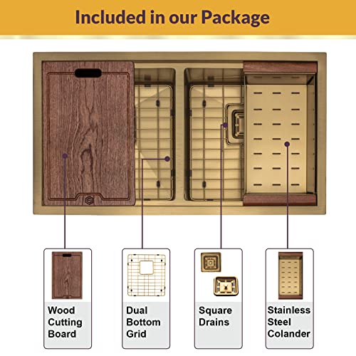 Strictly Sinks 32 Inch Gold Undermount Workstation Kitchen Sink– Scratch And Stain Resistant –16 Gauge Double Bowl Bottom Grid, Wooden Cutting Board, Colander With Disposal Adapter & Strainer Drain #TOP6