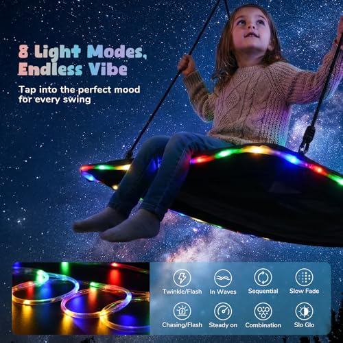 Image of Trekassy 60 inch Platform Tree Swing with LED Light, Large Outdoor Skycurve Swing for Kids and Adults, Waterproof 900D Oxford Fabric, 9.8 FT Hanging Straps