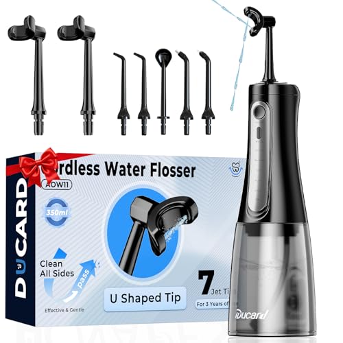 Ducard Cordless Water Flosser for Teeth U-Shaped Flossing 360 Deep Clean 5 Modes 7 Jet Tips for Adult & Child Portable Rechargeable Dental Flosser Pick for Braces Travel 350ML Large Tank