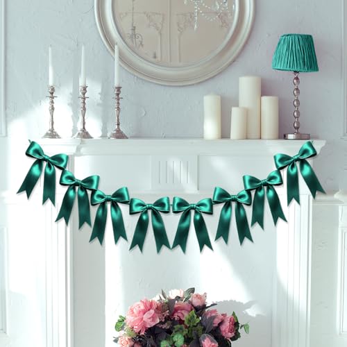 Image of 2 Strings of 16PCS Dark Green Bow Garlands Banner Decoration,Pre-Strung Satin Ribbon Ornaments for Birthday,Bachelorette Party,Bridal Shower,Wedding,Engagement,Baby Shower,Graduation Decor,Anniversary