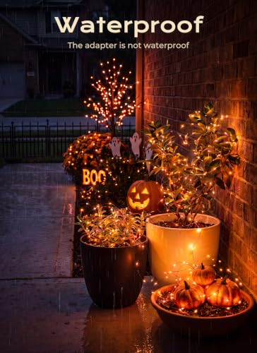 Image of Halloween Lights Plug in, 33FT 100LEDs Orange Fairy Lights, Waterproof Flexible Black Wire String Lights for Bedroom Home Party Ghost Haunted House Indoor Outdoor Halloween Decorations, Orange