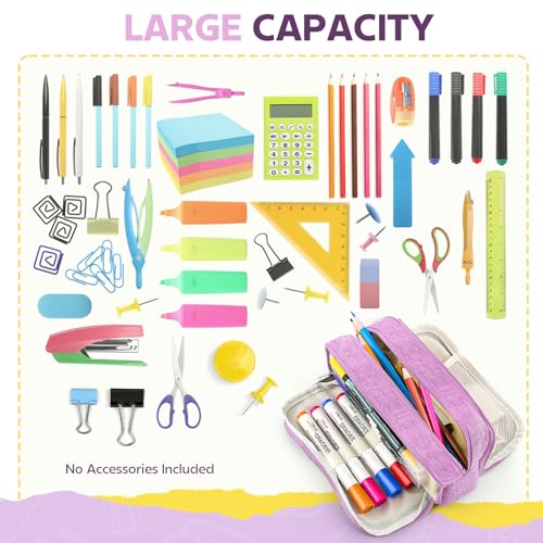 Image of Large Capacity Pencil Case Pencil Pouch Pen Bag with 3 Compartment Stationery Organizer with Zipper, School Supplies Organizer for Teen Adults (Purple)