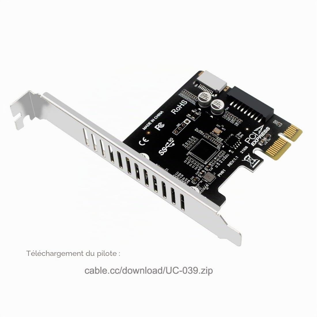 ChenYang Adaptateur de carte d'extension USB 3.0 20 broches et USB 3.1 Gen 1 Type-E vers PCI-E 1X PCI Express