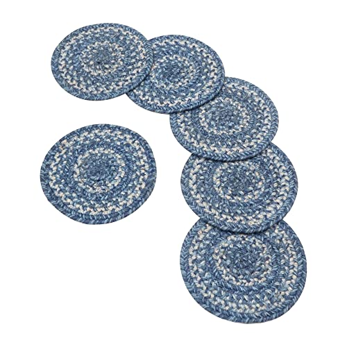 Homespice Denim Premium Jute Braided Trivet 8 Set of 6 Round Blue Navy White Reversible Natural Jute Yarn Rustic Country Primitive Farmhouse Style 30 Day Risk Free Purchase