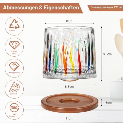 Uten Drehbare Wassergläser, Whisky Gläser 275 ml, Bambus Untersetzer – Ansicht 5