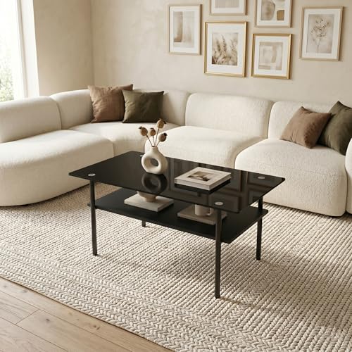 Image of 38.6 inch Glass Coffee Table for Living Room, 2-Tier Modern Black Center Table with Tempered Glass Top, Wood Shelf & Metal Legs,Small Accent Tea Table for Small Space, Apartment,Easy to Assemble