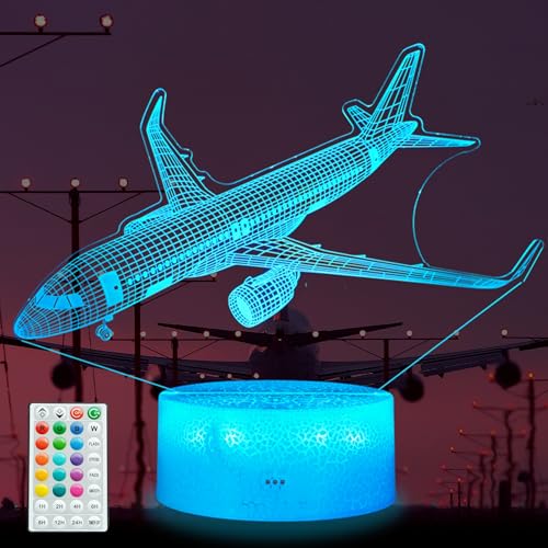POSSHE Airplane Night Light, Plane Gifts, Aviation 3D Illusion Night Light with 16 Colors Changing, Remote Control with Timer, Kids Room Decoration for Holiday Birthday Christmas