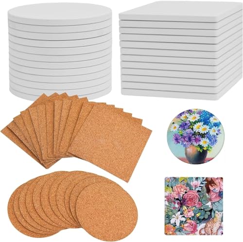 Ceramic Tile for Crafts Coasters, 24 Pack 10 cm Blank Coasters Unglazed White Tiles with 24 Pack Cork Backing Pads for Painting, Alcohol Ink, Acrylic Pouring, DIY, Mosaics(4 in, Square, Round)