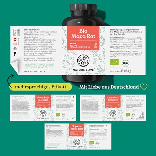 NATURE LOVE® Bio Maca Rot - 180 Kapseln - 3000mg pro Tagesdosis (entspricht 12.000mg Maca Wurzel) - Mit natürlichem Vitamin C - Zertifiziert Bio, hochdosiert, vegan, in Deutschland produziert