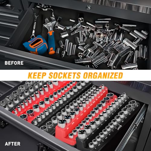 Image of GOOACC 3 PCS Magnetic Socket Organizer Set, Heavy Duty Socket Organizer Tray 1 /4 inch 3 /8 inch 1 /2 Inch SAE Impact Drive Sockets Holds 68, Magnetic Socket Holder for Tool Box Drawer Chest Garage Storage, Red