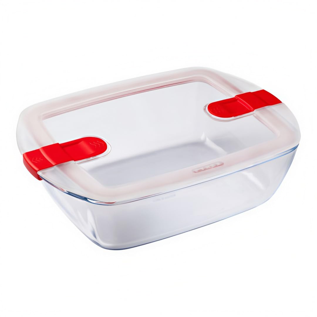 Pyrex Cook & Heat Contenitore Rettangolare Per Alimenti In Vetro Borosilicato Con Coperchio Sfiatavapore Per Il Microonde – Cuocere In Forno, Conservare & Riscaldare- 28X20Cm --image
