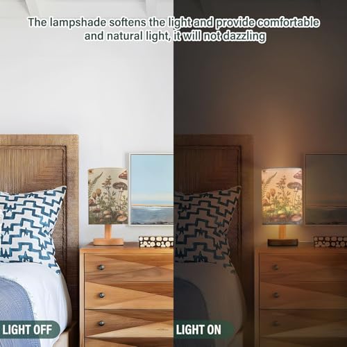Ewusp Lámpara de mesa de noche con forma de hongo para dormitorio, lámpara LED de mesita de noche con puertos de carga USB, pantalla de tela y base de madera para escritorio, sala de estar, guardería - imagen 5