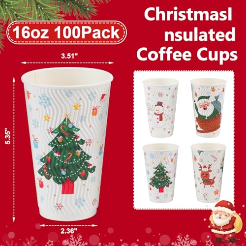 BYSNOW 100 Count Christmas Paper Cups, Xmas 16 oz DisposableCoffee Cups Snowflake Santa Snowman Elk Christmas(16oz 100Count) - Image 3