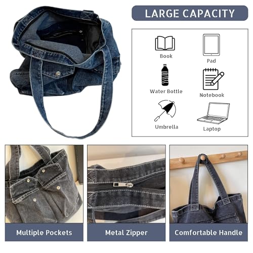 Stylish Denim Tote Bag for Women, Lightweight Jean Handbag Purse with Multiple Pockets3