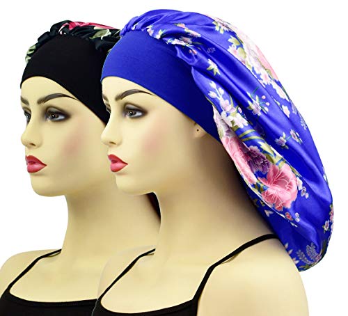 2 Pack Extra Large Satin Sleep Bonnet Cap for Women & Girls, Elastic Wide Band Satin Bonnet Sleeping Night Cap & Hat for Natural Curly Hair, Long Braids (X-Large, Black Rose & Blue Flower)
