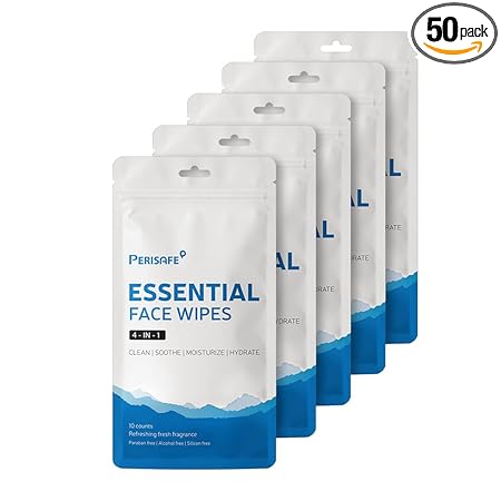 PERISAFE Essential Face Wipes Individually wrapped Sachet | 4-IN-1 | pH Balanced | Free from Alcohol, Paraben, Silicon | Pack of 50 (10 x 5 pouch= 50 wipes)