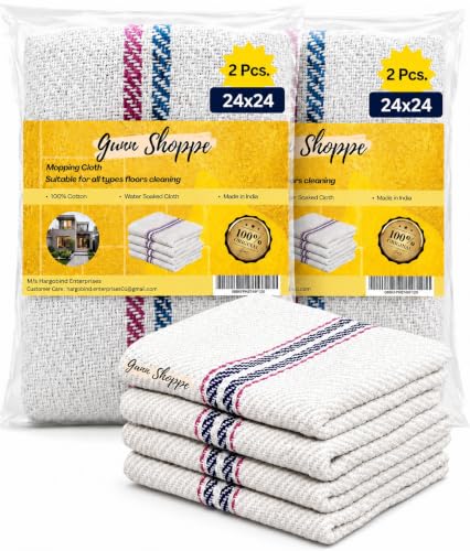 Image of 24X24 Inch Large Cotton Floor Cleaning Cloth /Pocha [Set Of 4 Pcs.] Super Absorber Thick Stuf Cotton, Dry & Wet Reusable 400GSM Domestic Size Easy To Use By Hands (24X24 Inch.), Off-White