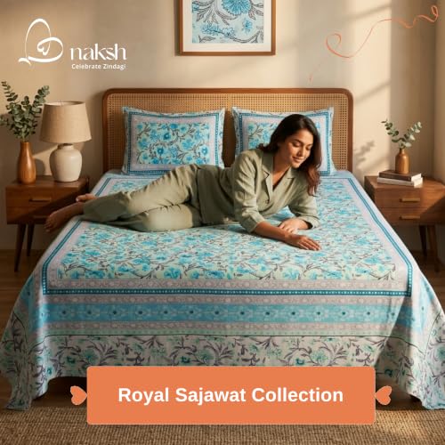 Image of Naksh Queen Size Bed Sheet Sky Blue Floral Print 2 Pillow Covers | Sky Blue Botanical Floral Print | Heritage Design for Queen Size Bedrooms