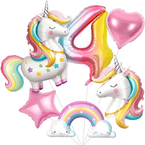 SNLN Unicorn 4th Birthday Party Decorations for Girls Large Self Standing 3D Unicorn Foil Balloons with Rainbow Heart Star Balloons Wedding Baby Shower Pink Party Supplies (number 4 set)
