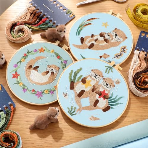 Image of Mindsoft 3 Set Needlepoint Kit for Beginners with Hoop,Otter | Bamboo Hoop Thread Needles Instructions, Easy Hand Embroidery for Beginners Home Crafts,Pre-stamped Funny Cute Designs