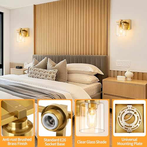 Image of Modern Bathroom Light Fixtures Over Mirror, Vanity Lights for Bathroom Wall Sconces with Clear Glass Shades, E26 Socket (Bulbs Not Included), 1 Light, Brass
