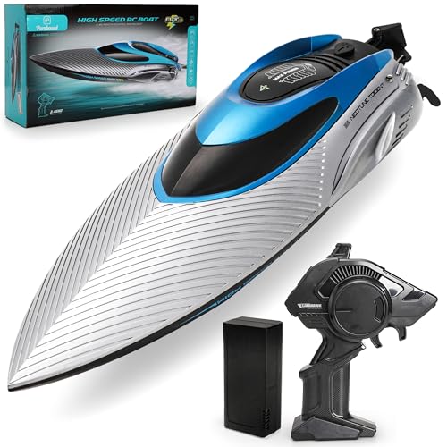 RC Boat for Adults & Kids, Metallic Blue, 2.4GHz Remote Control Racing Boat, 25 MPH, Self-Righting, Waterproof, Long Range, Rechargeable, LED Light, High Speed Electric Toy Boat for Lake, Pool & Pond