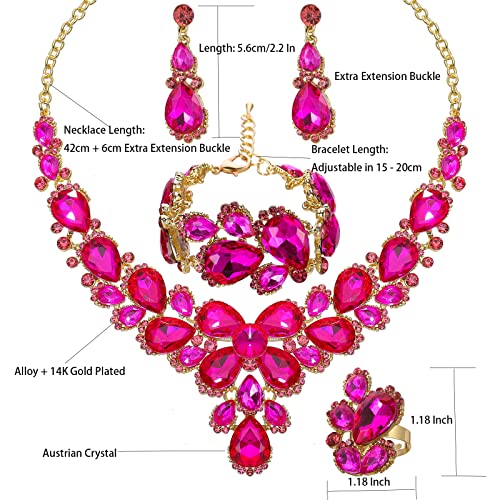 Women's Wedding Bridal Austrian Crystal Glass Teardrop Statement Necklace Dangle Earrings Bracelet Ring Wedding Party Jewelry Set for Bridal Bridesmaid2