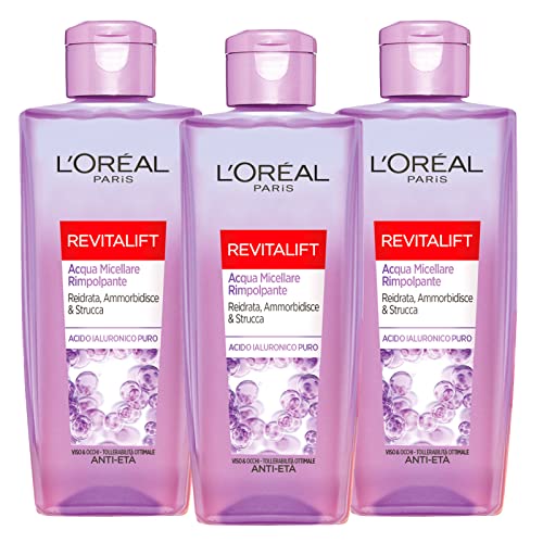 L'Oréal Paris Revitalift - 3 botes de 200 ml de agua micelar con ácido hialurónico antiedad para la cara y los ojos