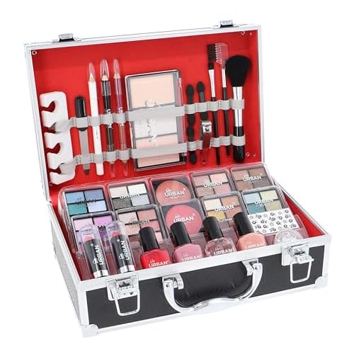Love Urban Beauty Divine Beauty Vegan French Manicure Makeup Box – 76-Piece Makeup Sets – Includes Eyeshadows, Highlighter, Lipstick, Blush, Brushes, Manicure Accessories – Ideal Vanity Case for Home