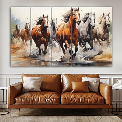 Image of Maxstone 7 Horses Wall Painting for Living Room Big Size - 7 Running Horses Painting Vastu for Bedroom, Office, Hotel - Wall Decor Digital Painting Wooden Framed for Gifting (30x60 inch) M1392