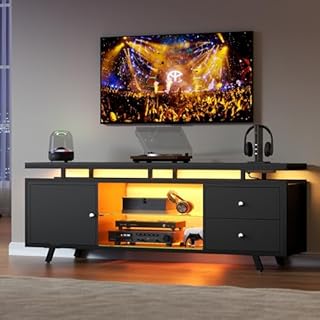Gyfimoie TV Stand for 65 Inch TV, LED Light Entertainment Center with Power Outlet and Storage Drawers & Cabinets, Modern Wood Media TV Console with Glass Shelves for Living Room Bedroom (Black)