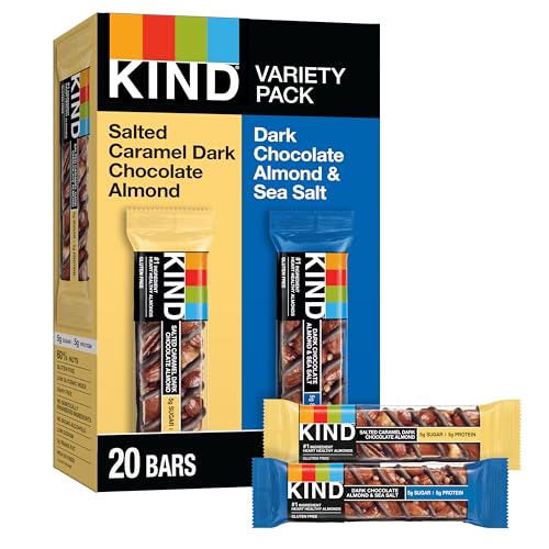 KIND Nut Bars, Variety Pack, Salted Caramel Dark Chocolate Almond, Dark Chocolate Almond & Sea Salt, Healthy Snacks, Good Source of Fiber, Gluten Free, Low Sugar, 5g Protein, 20 Count