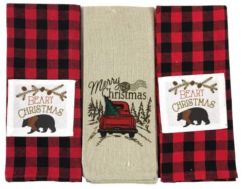 Toalhas de cozinha de Natal para férias: uma estampa de caminhão postal e duas vermelhas pretas xadr