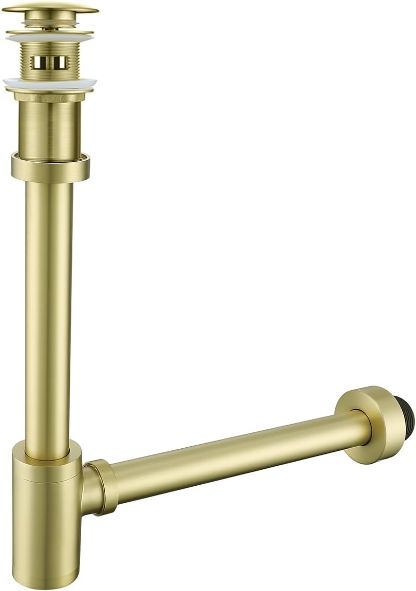 Brass Round Bottle P-Trap with Pop Up Drain Stopper with Overflow,1 1/4 Adjustable Basin Sink Waste Drain Trap Kit,Brushed Gold P Trap