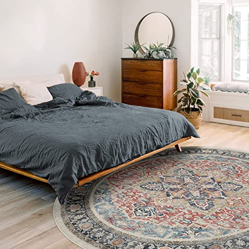 RUGGABLE Washable Vintage Area Rug – Kamran Cayenne Red 8 ft Round, Stain-Resistant, Non-Slip with Cushioned Pad – Large Machine Washable Rugs for Living Room, Bedroom, Hallway, Entryway & Office