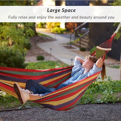 Image of Baskety Double Person Cotton Canvas Hammock with Spreader Bars, Ultralight Travel & Camping Swing Bed for Balcony, Garden, Outdoor & Beach - Max Load 200KG, Red (280 x 100 cm)