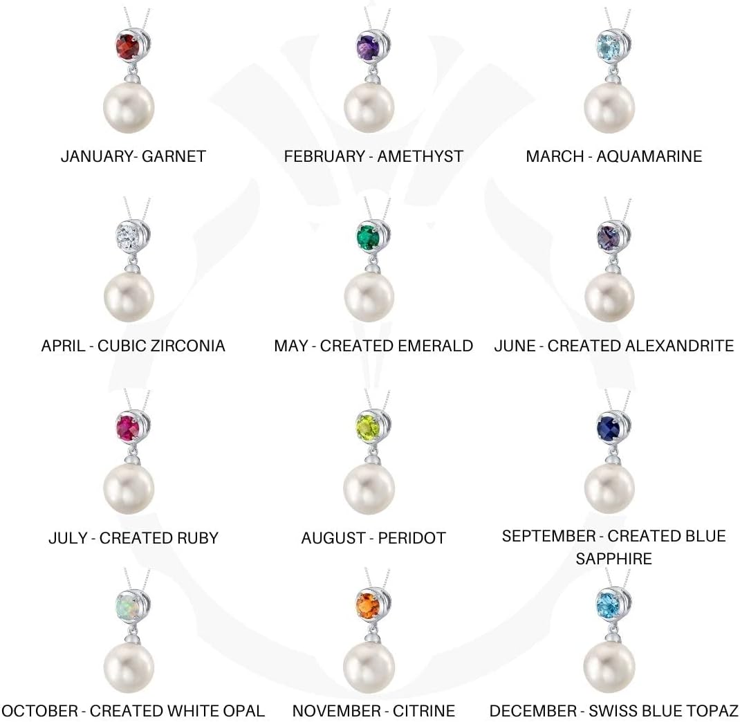 PEORA 10mm Freshwater Cultured Pearl and Created Blue Sapphire Pendant Necklace for Women 925 Sterling Silver, with 18 inch Chain, Dainty Pearl Necklaces,